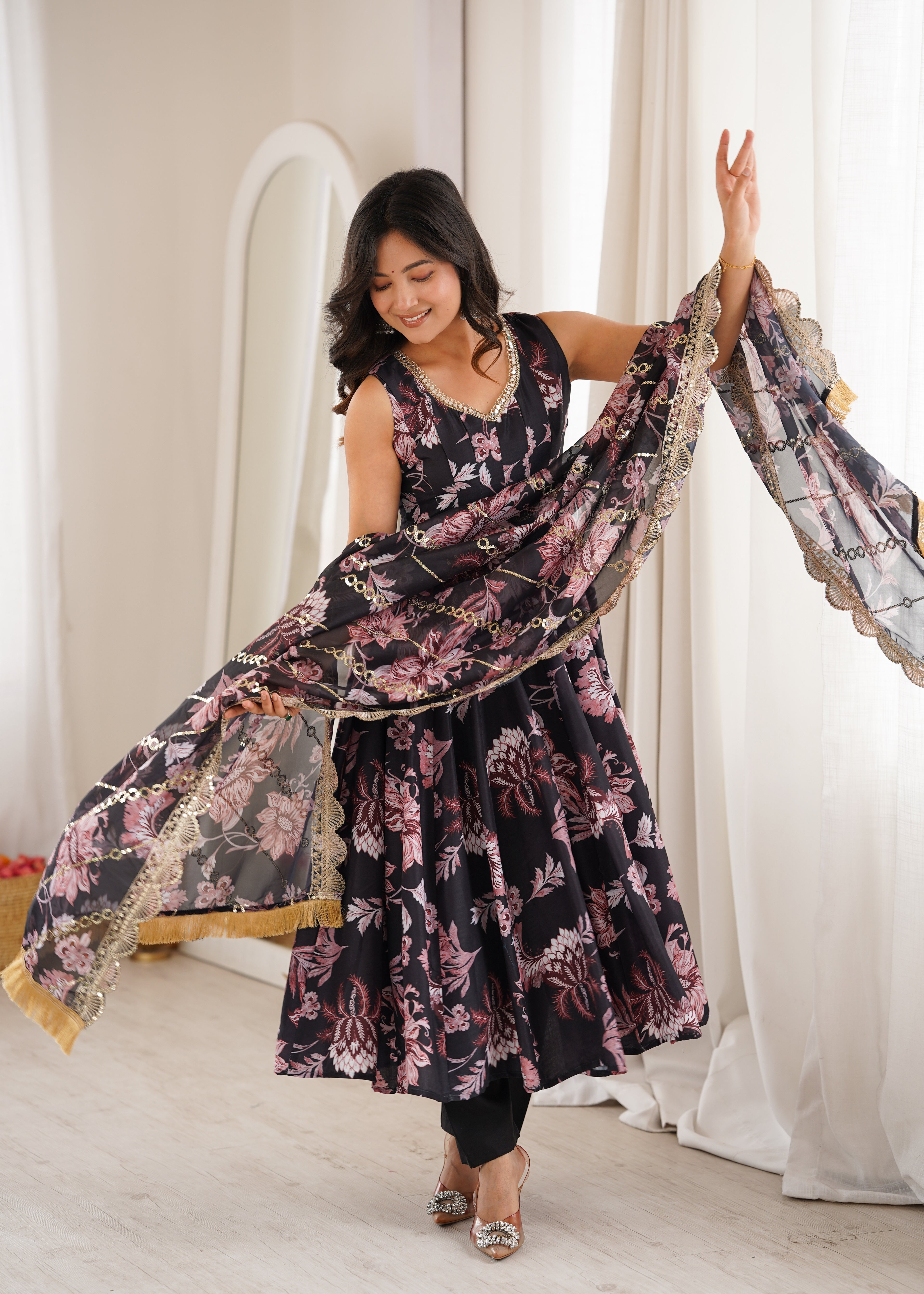 Black Organza Floral Embroidery Sequence Work Suit Set