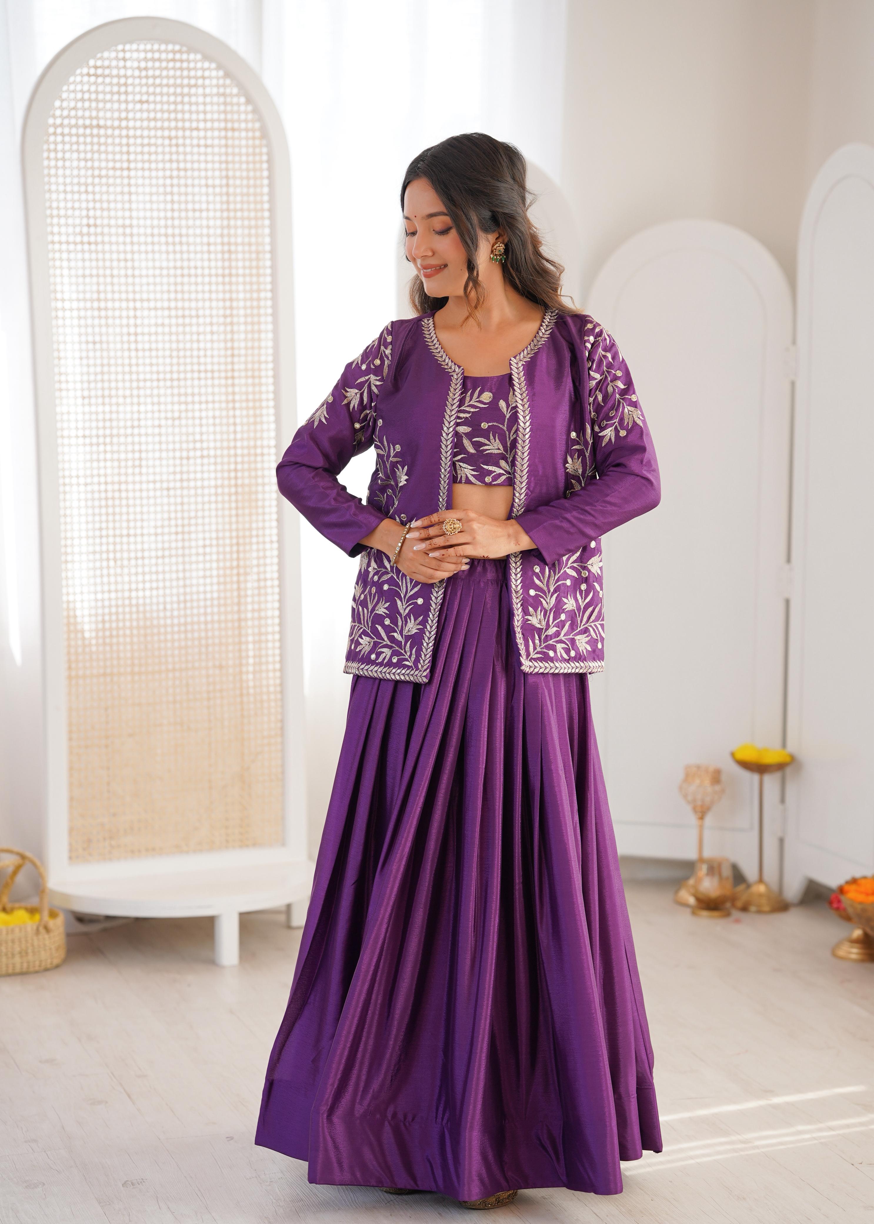 Purple Chinon Silk Lehenga Choli