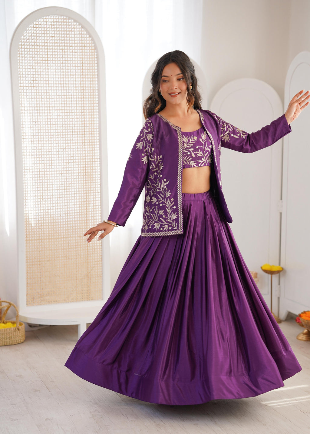 Purple Chinon Silk Lehenga Choli