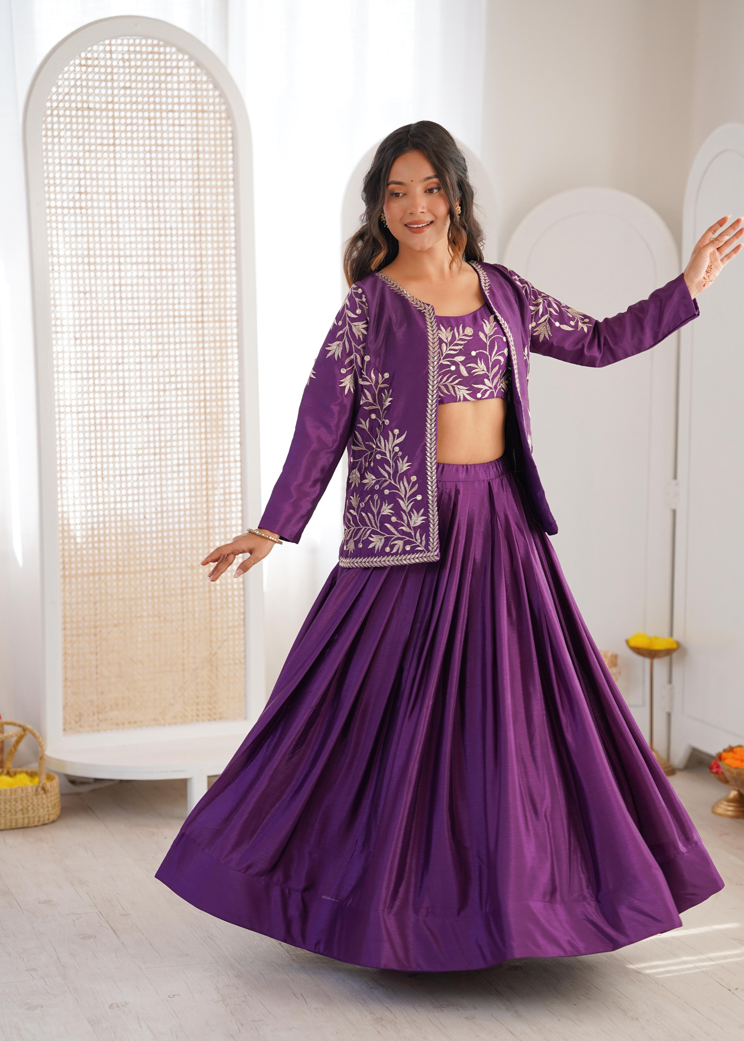 Purple Chinon Silk Lehenga Choli
