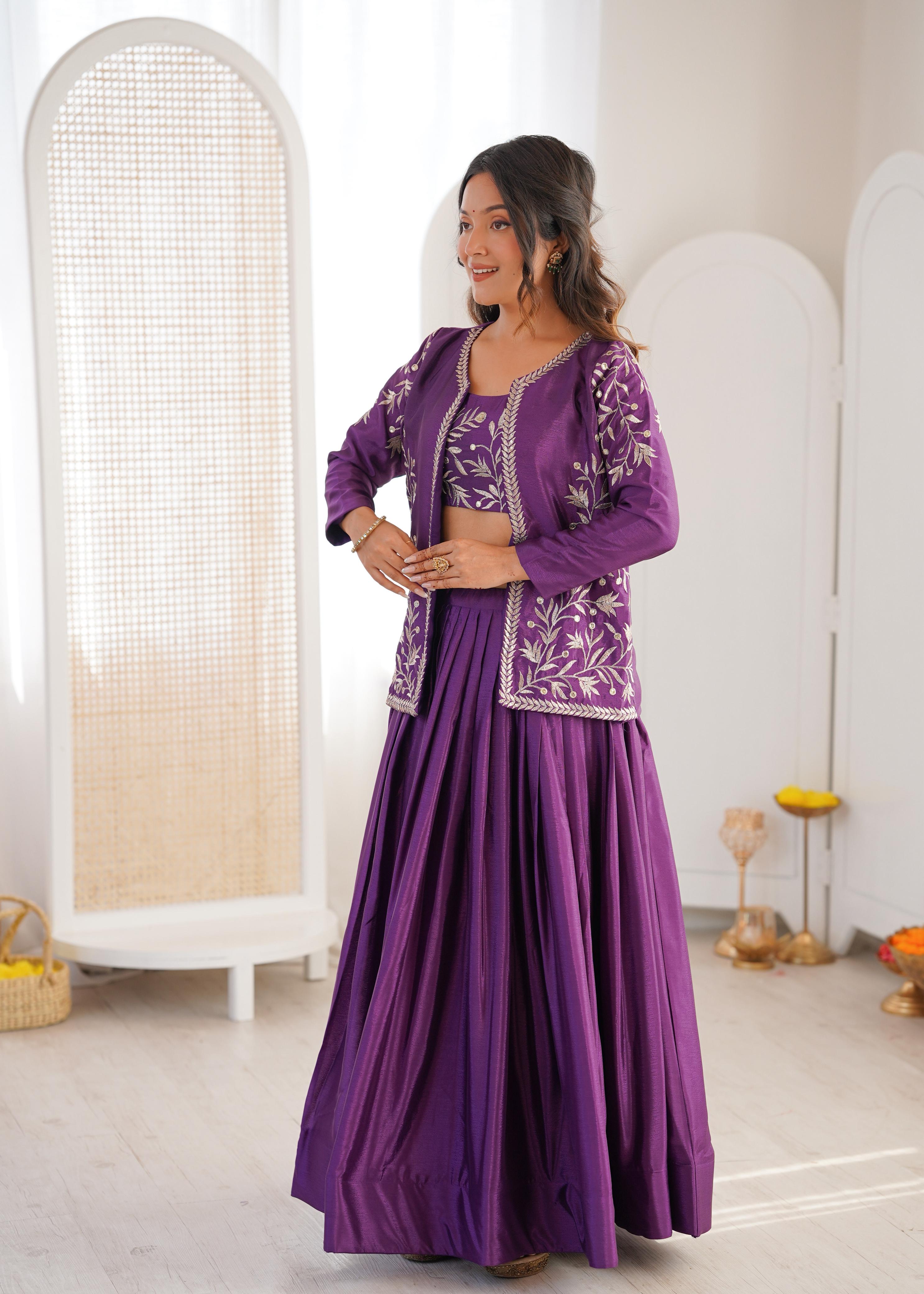 Purple Chinon Silk Lehenga Choli