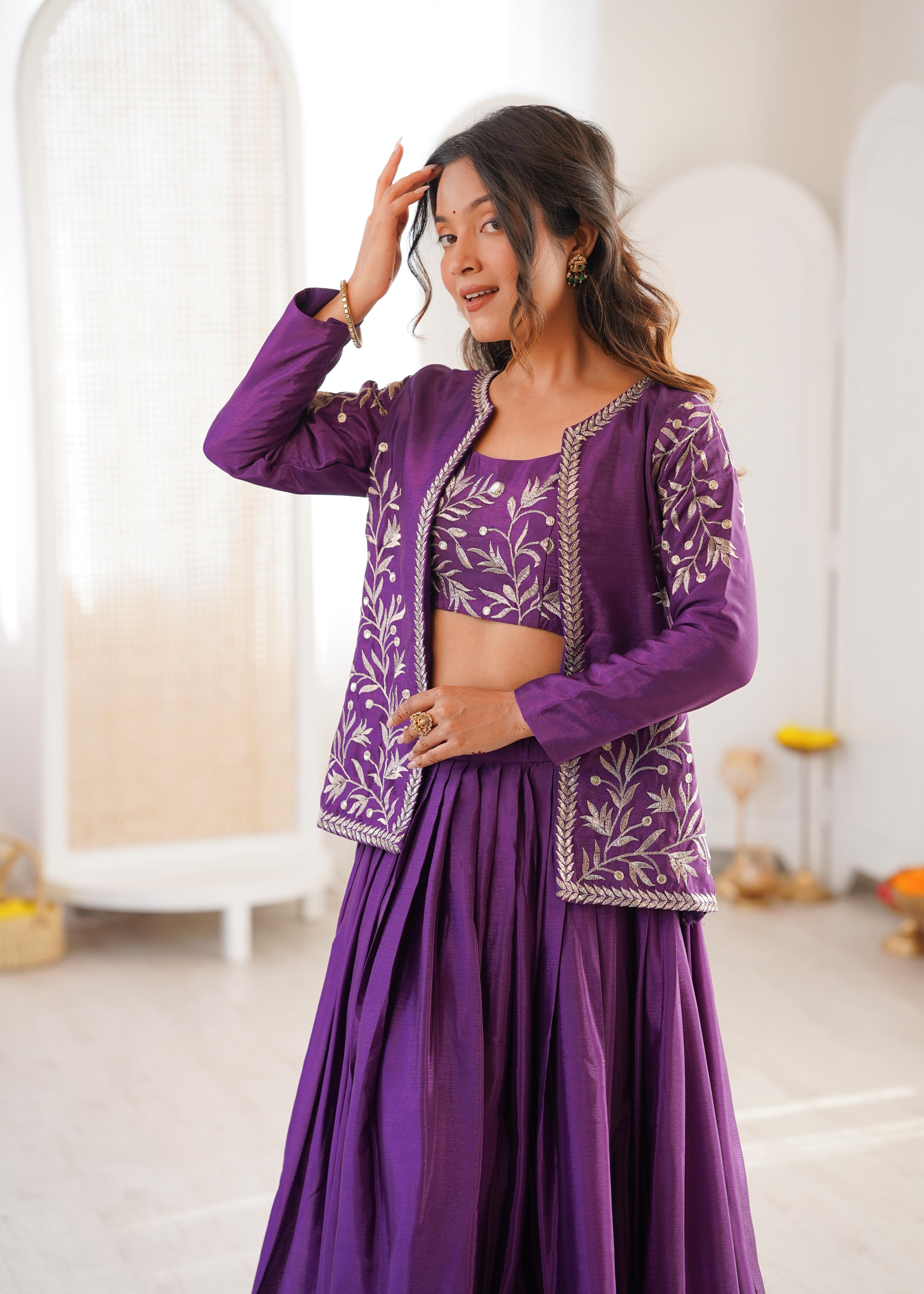 Purple Chinon Silk Lehenga Choli