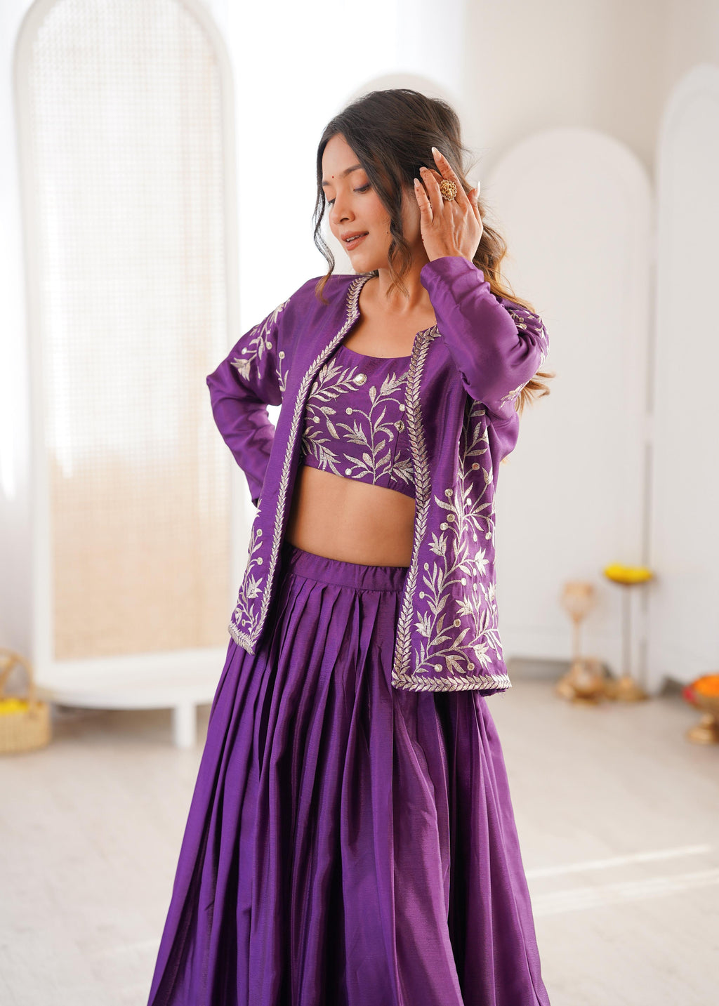 Purple Chinon Silk Lehenga Choli