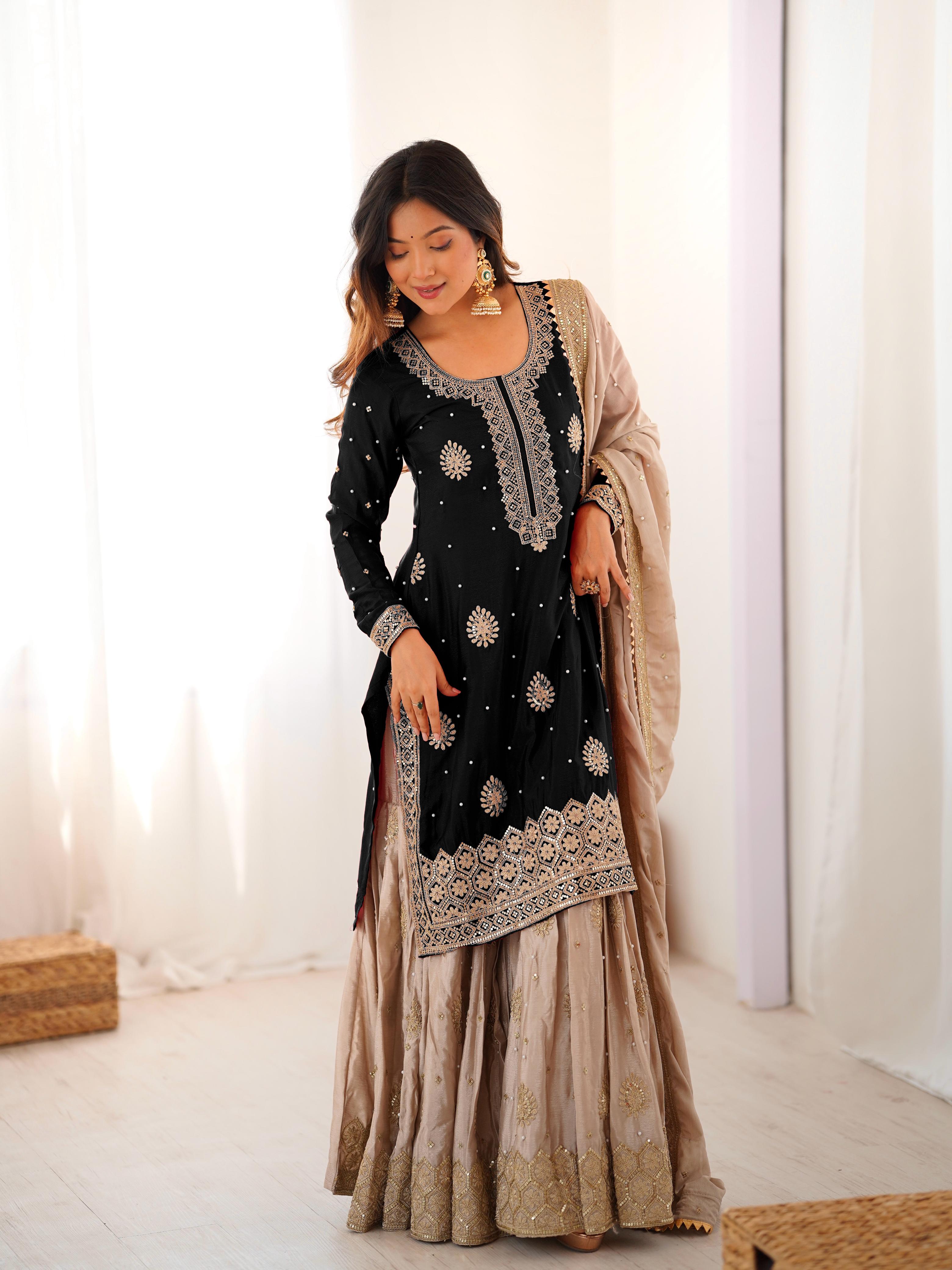 Black Chinon Silk Sharara Set