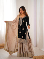 Black Chinon Silk Sharara Set