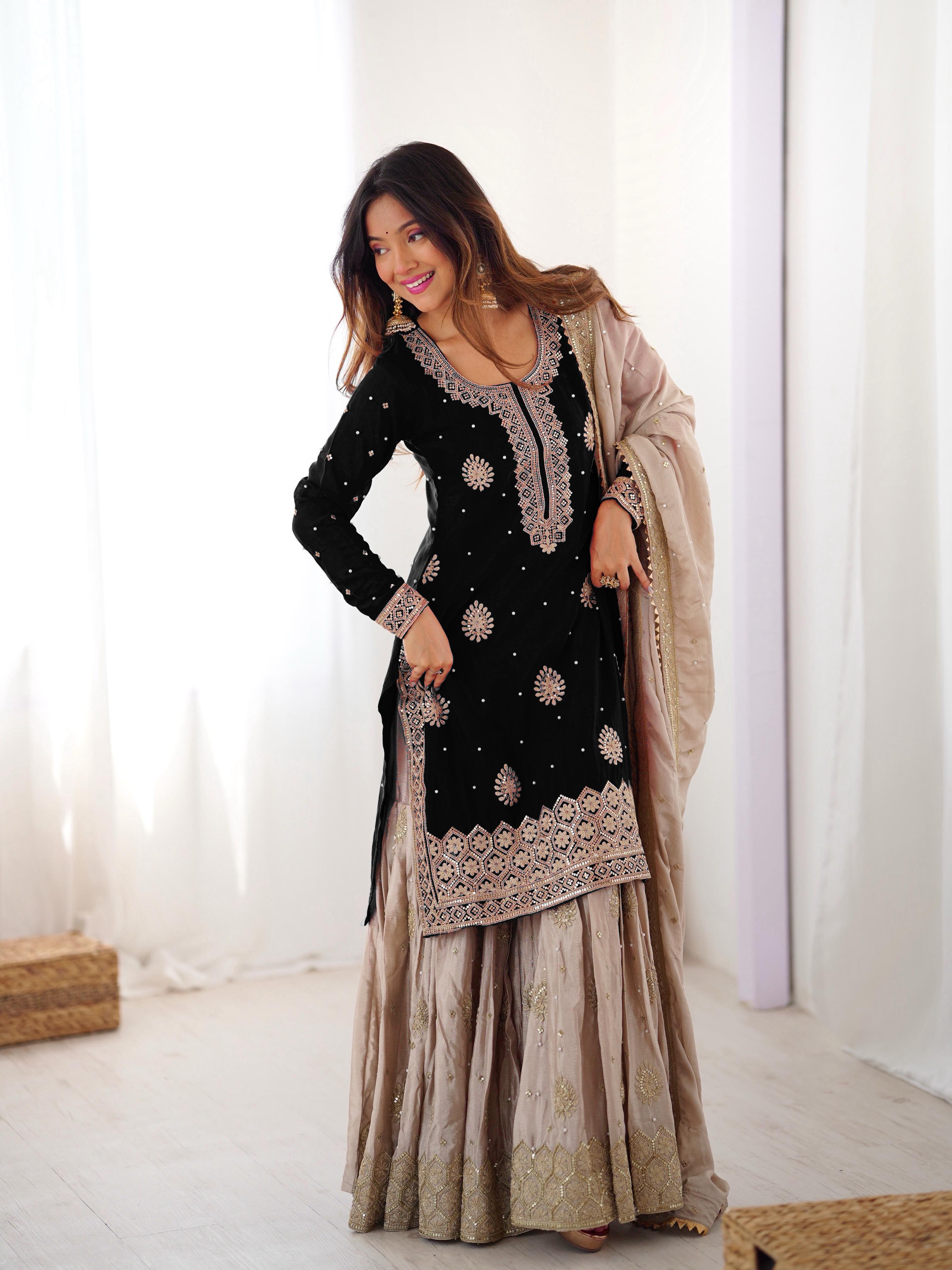 Black Chinon Silk Sharara Set