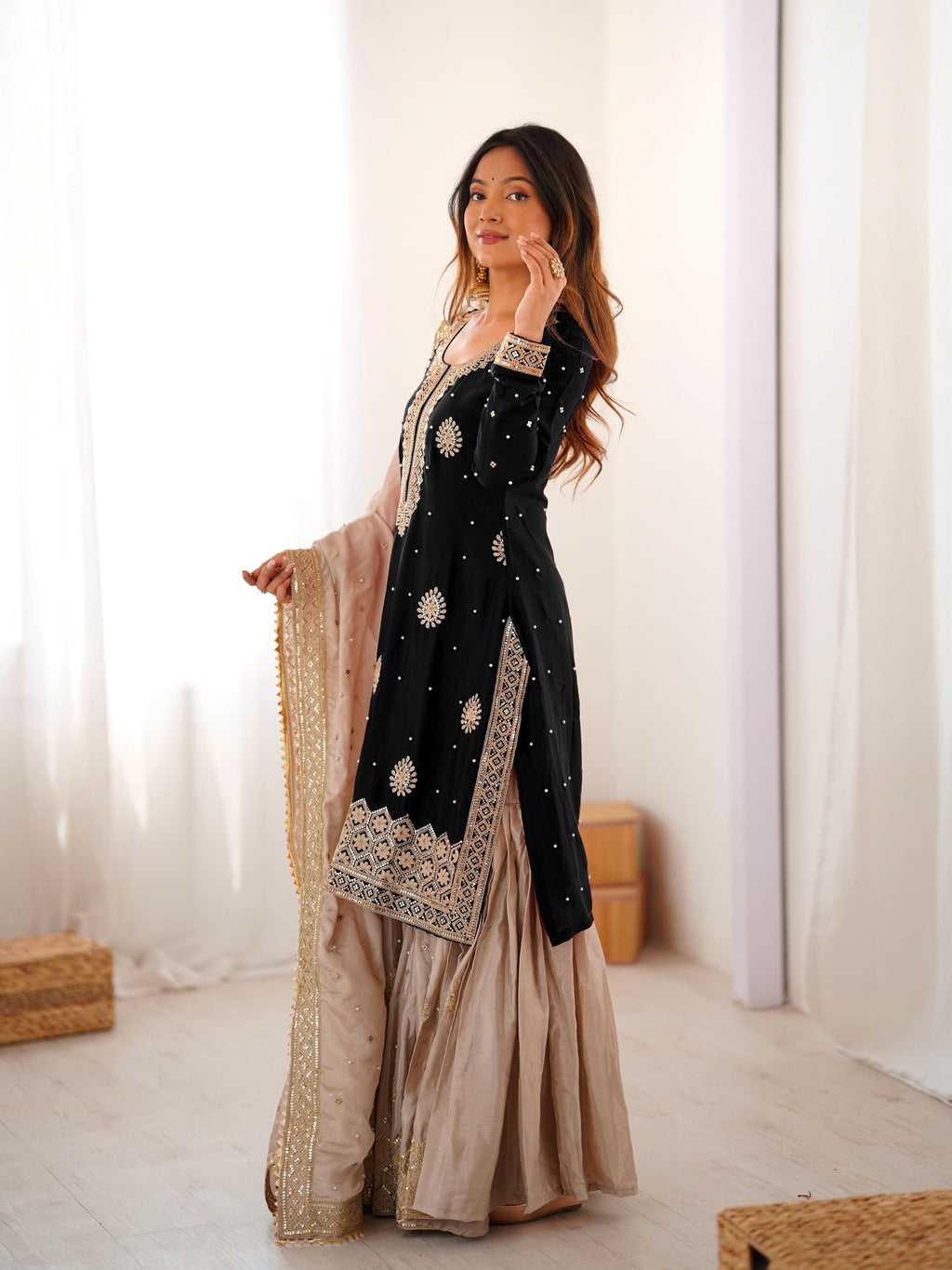 Black Chinon Silk Sharara Set