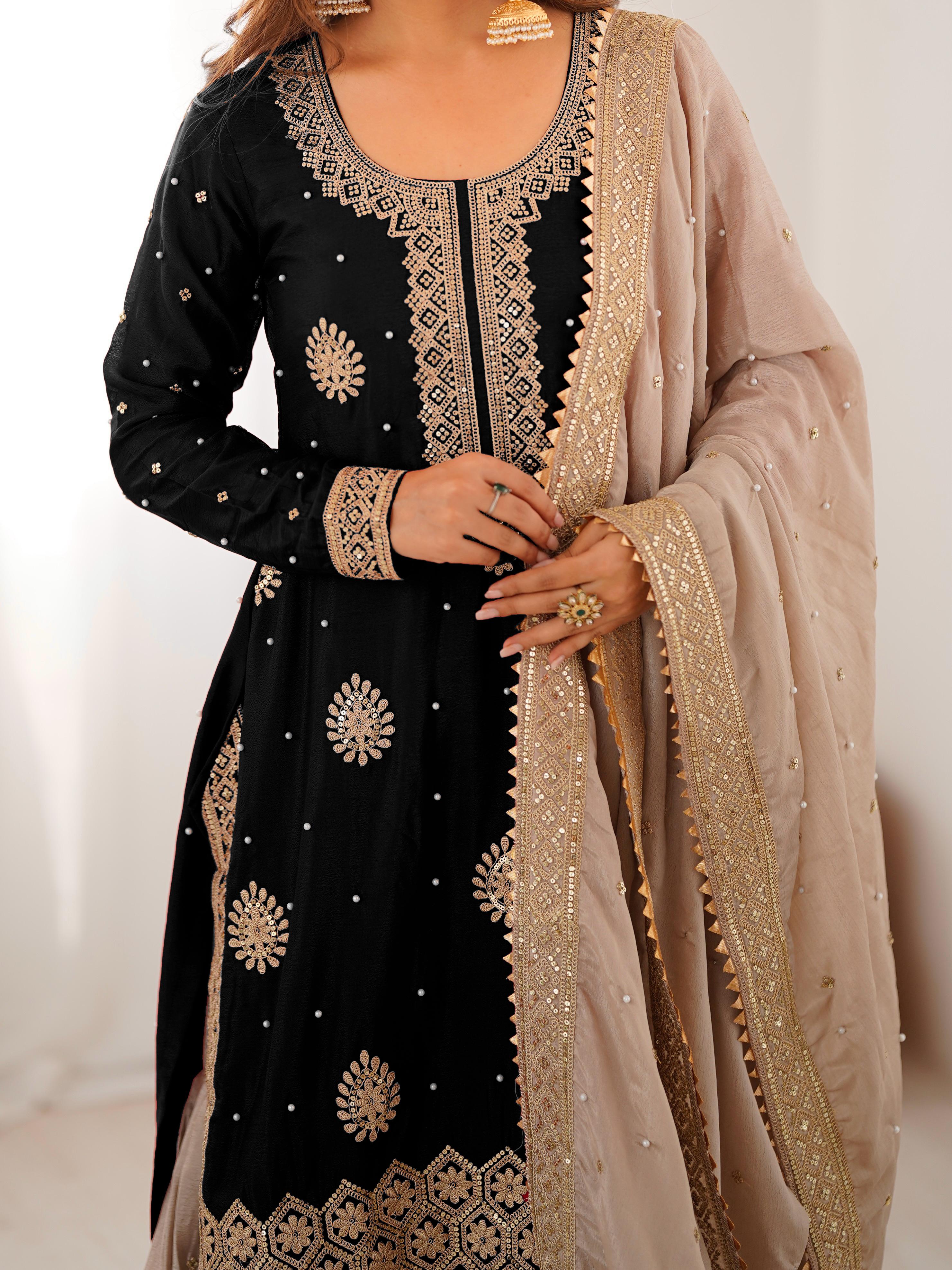 Black Chinon Silk Sharara Set