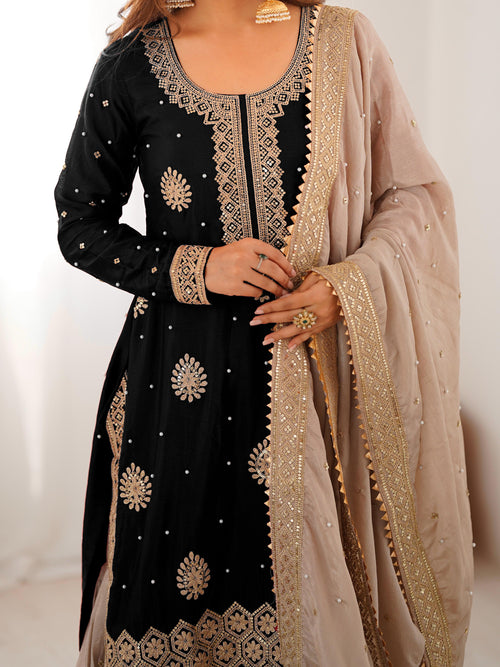 Black Chinon Silk Sharara Set