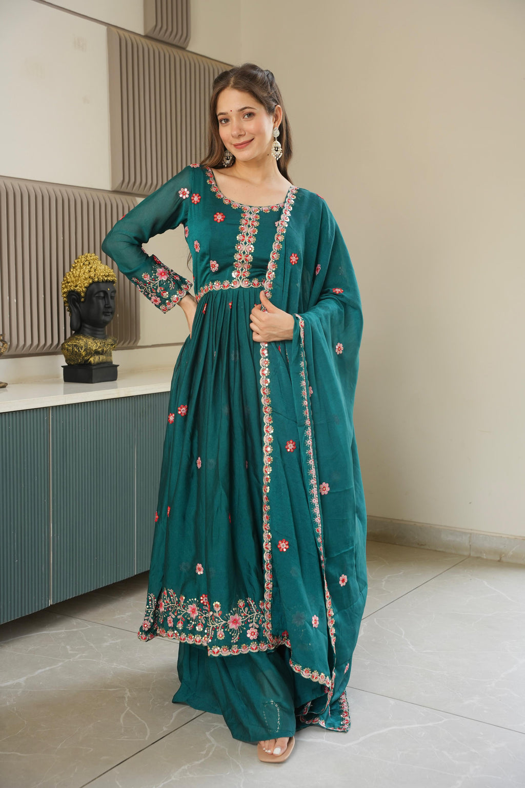 Rama Embroidery Crush Silk Kurta Set