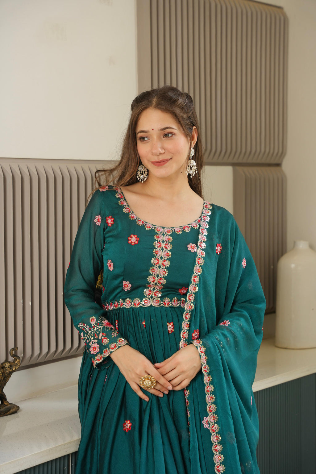 Rama Embroidery Crush Silk Kurta Set