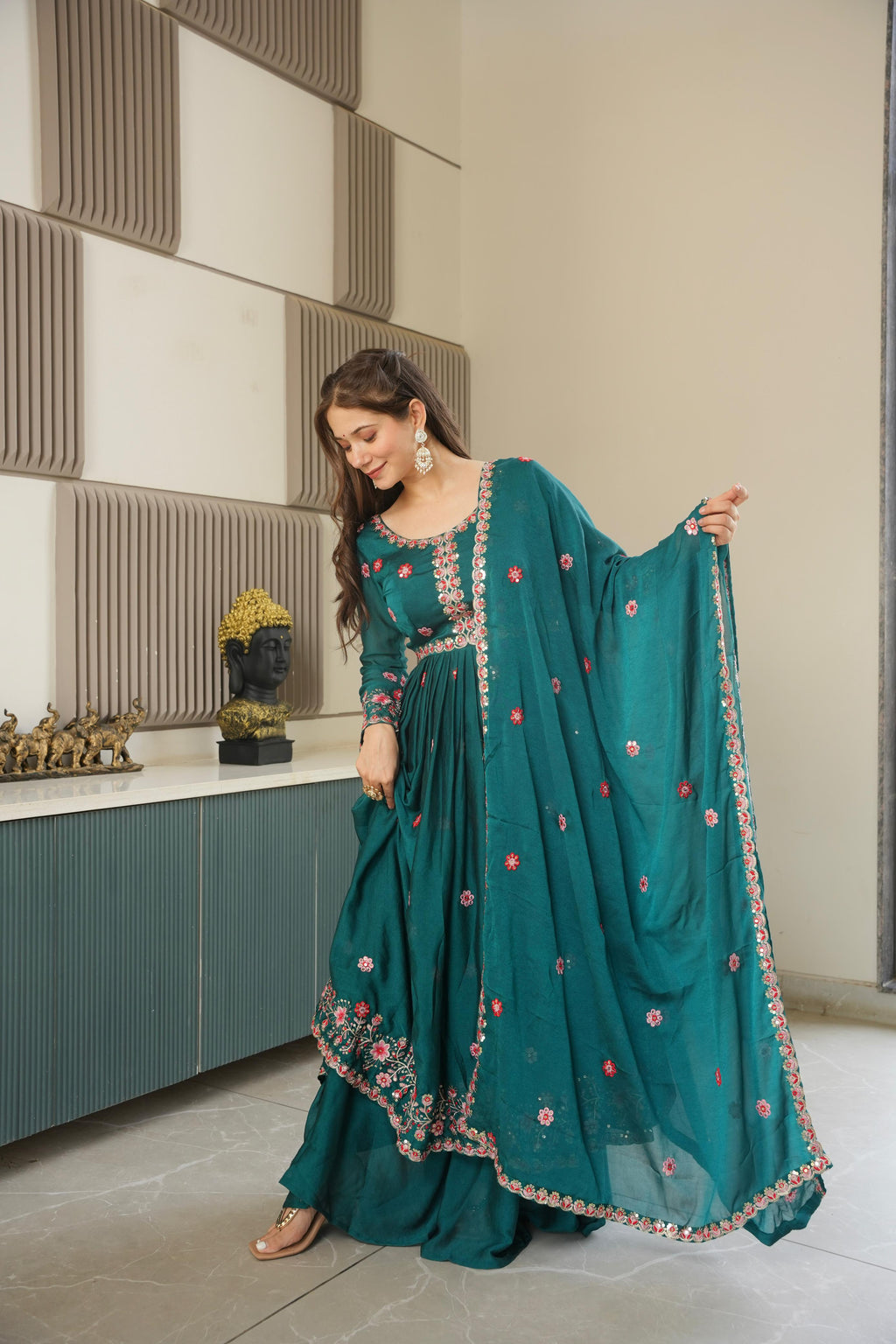 Rama Embroidery Crush Silk Kurta Set