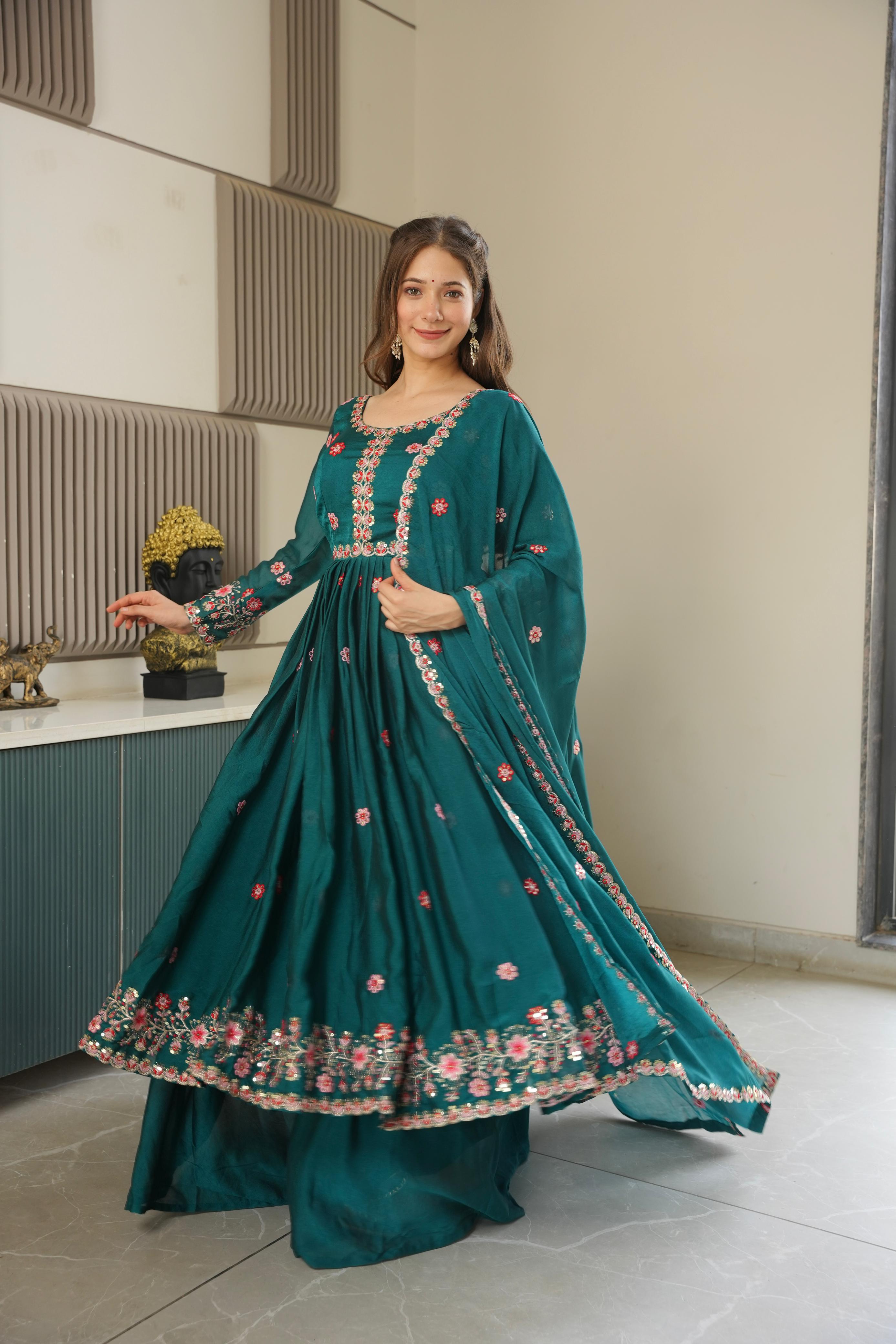 Rama Embroidery Crush Silk Kurta Set