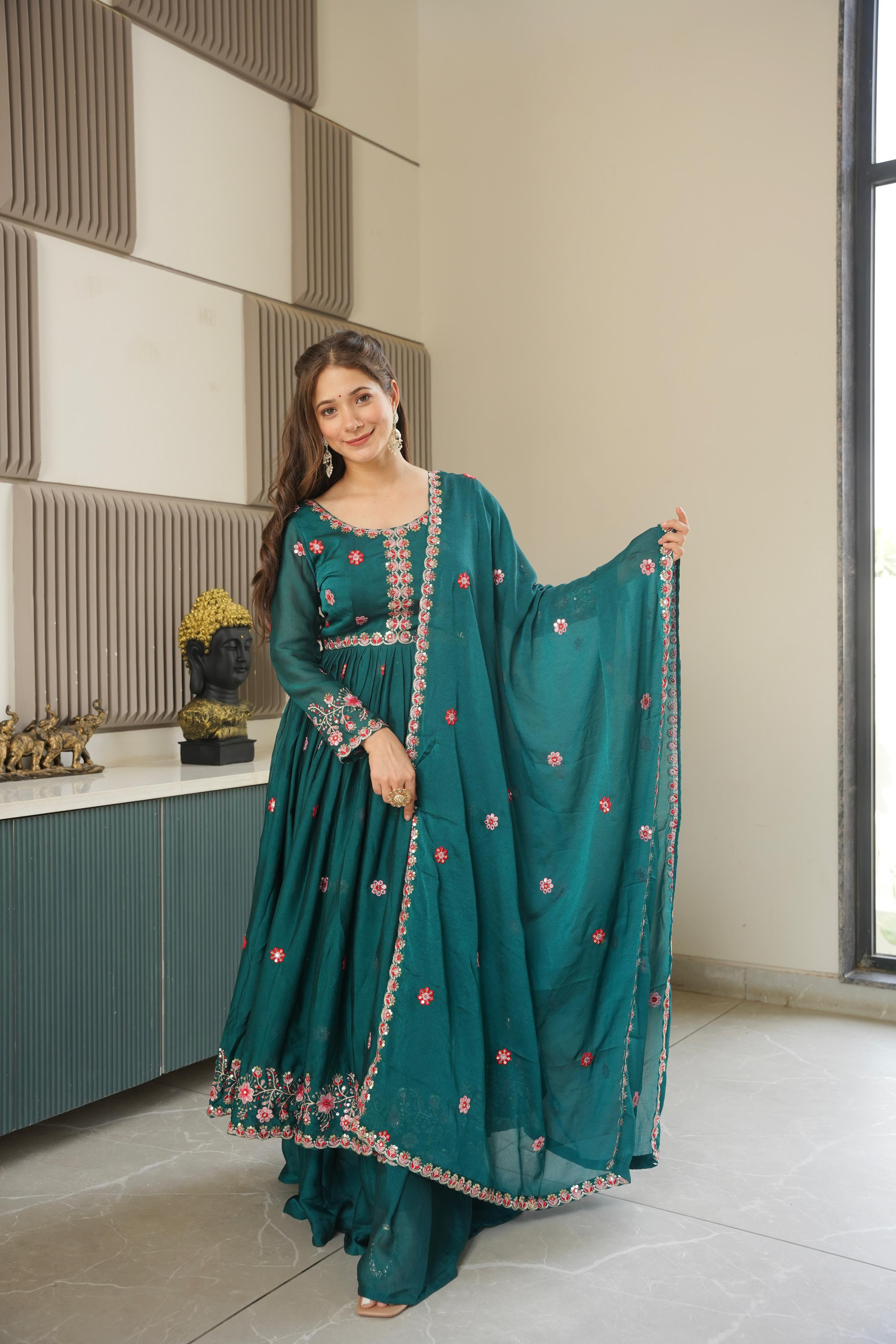 Rama Embroidery Crush Silk Kurta Set