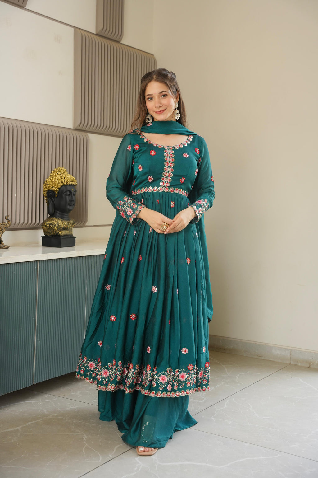 Rama Embroidery Crush Silk Kurta Set