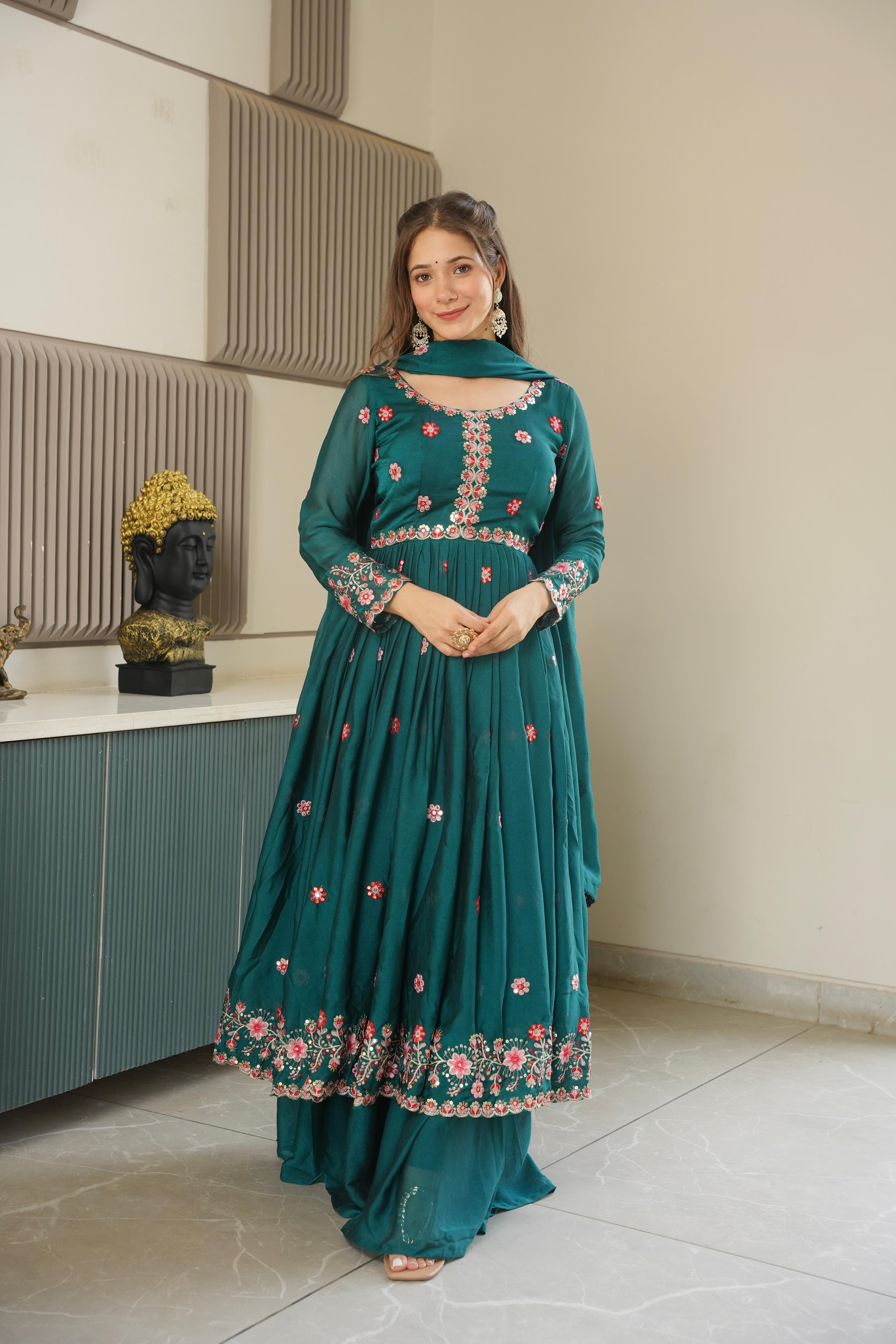 Rama Embroidery Crush Silk Kurta Set