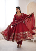 Maroon Embroidery Roman Silk Kurta Set