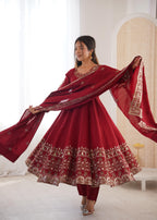 Maroon Embroidery Roman Silk Kurta Set