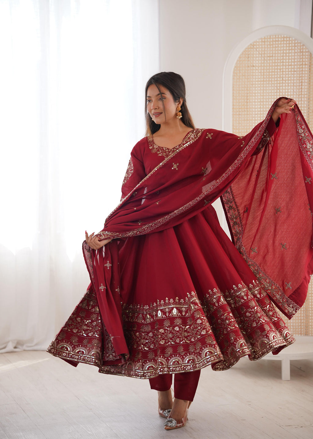 Maroon Embroidery Roman Silk Kurta Set