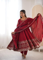 Maroon Embroidery Roman Silk Kurta Set