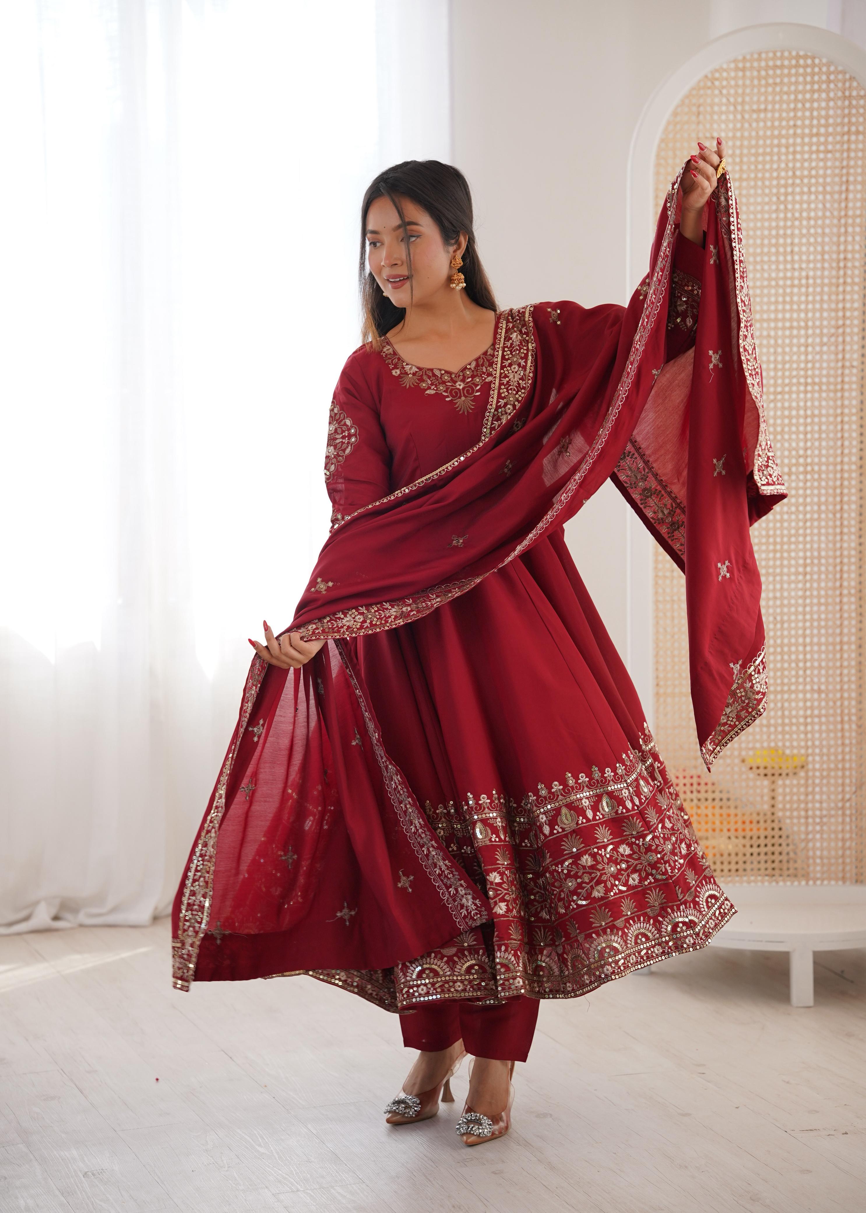 Maroon Embroidery Roman Silk Kurta Set