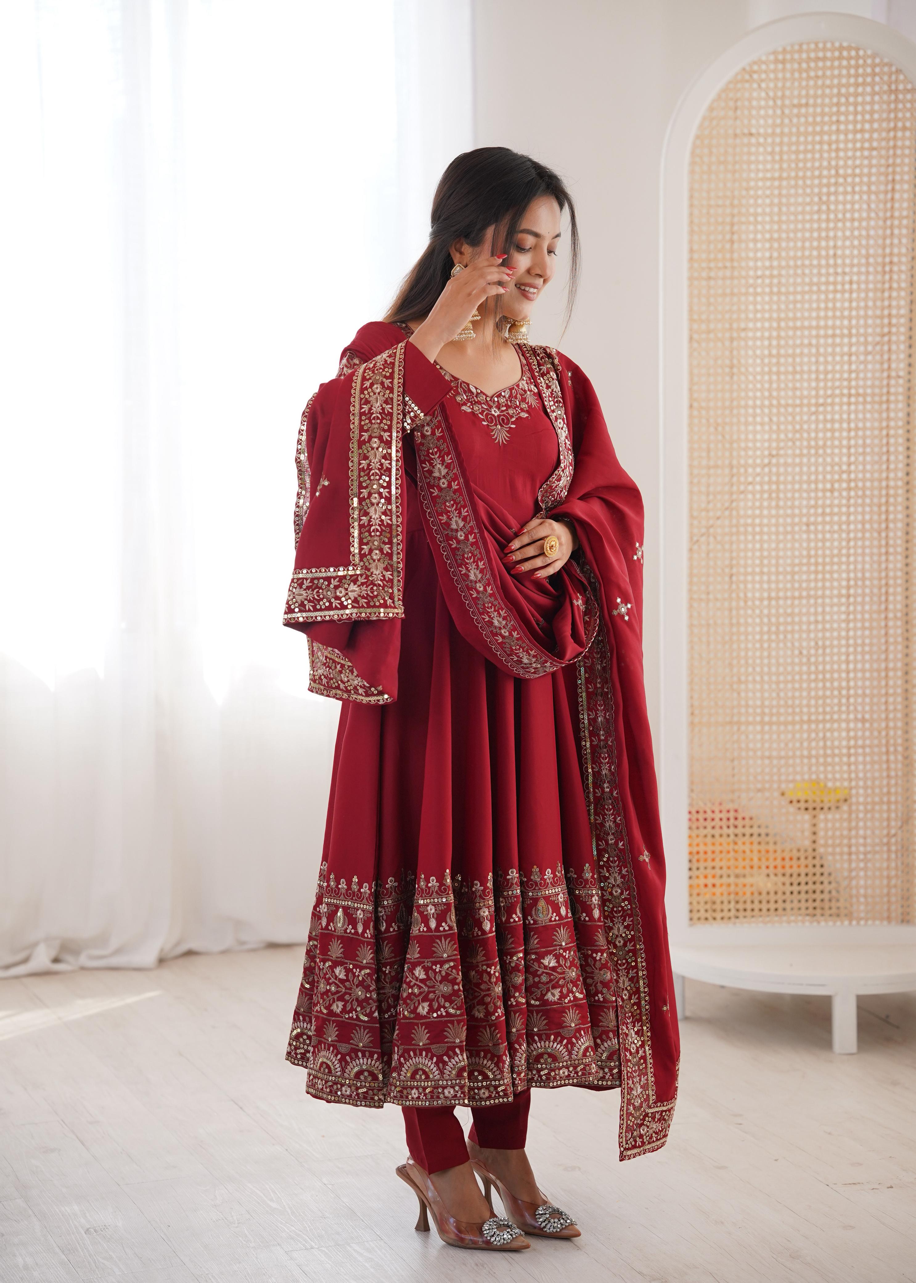 Maroon Embroidery Roman Silk Kurta Set