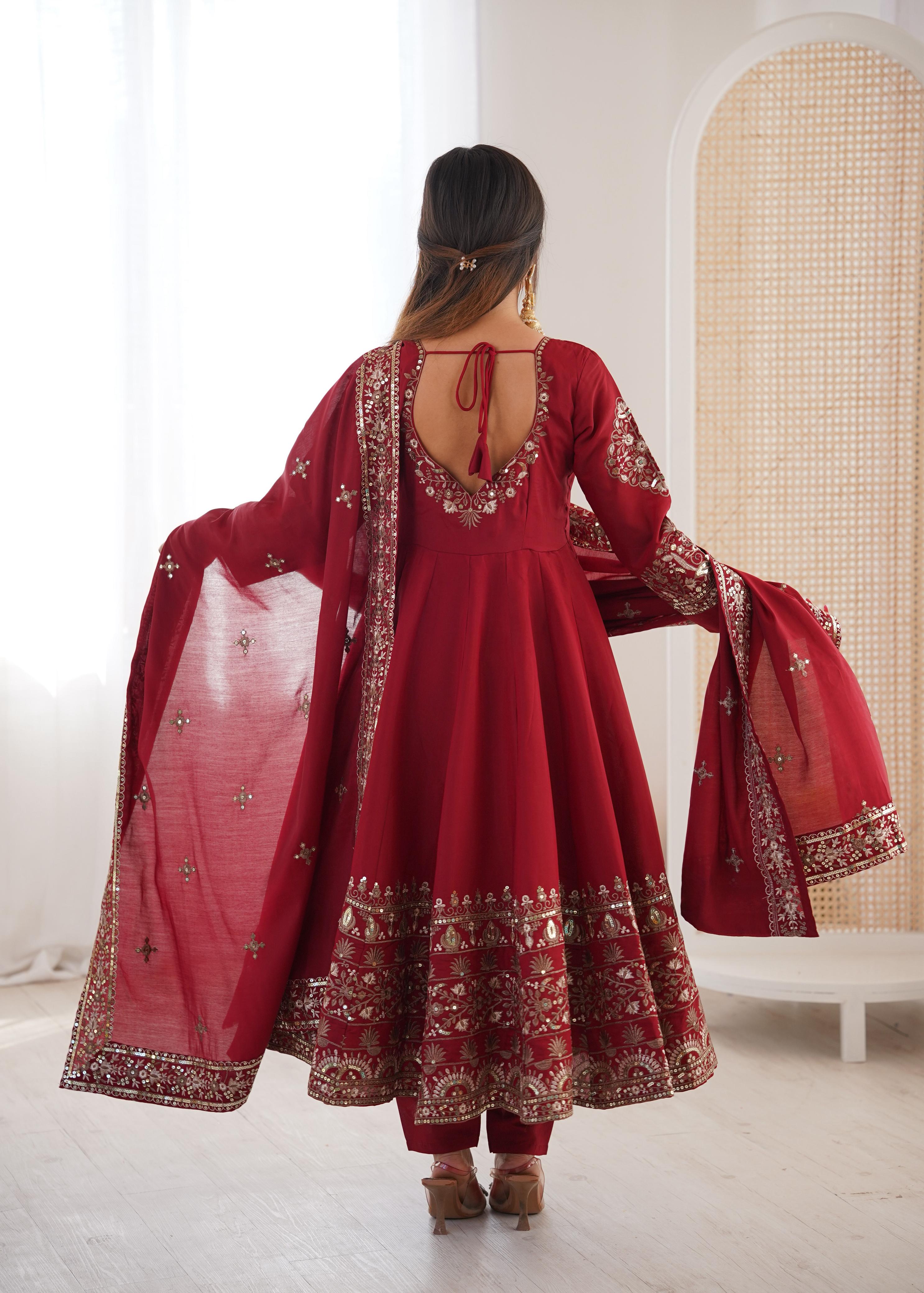 Maroon Embroidery Roman Silk Kurta Set