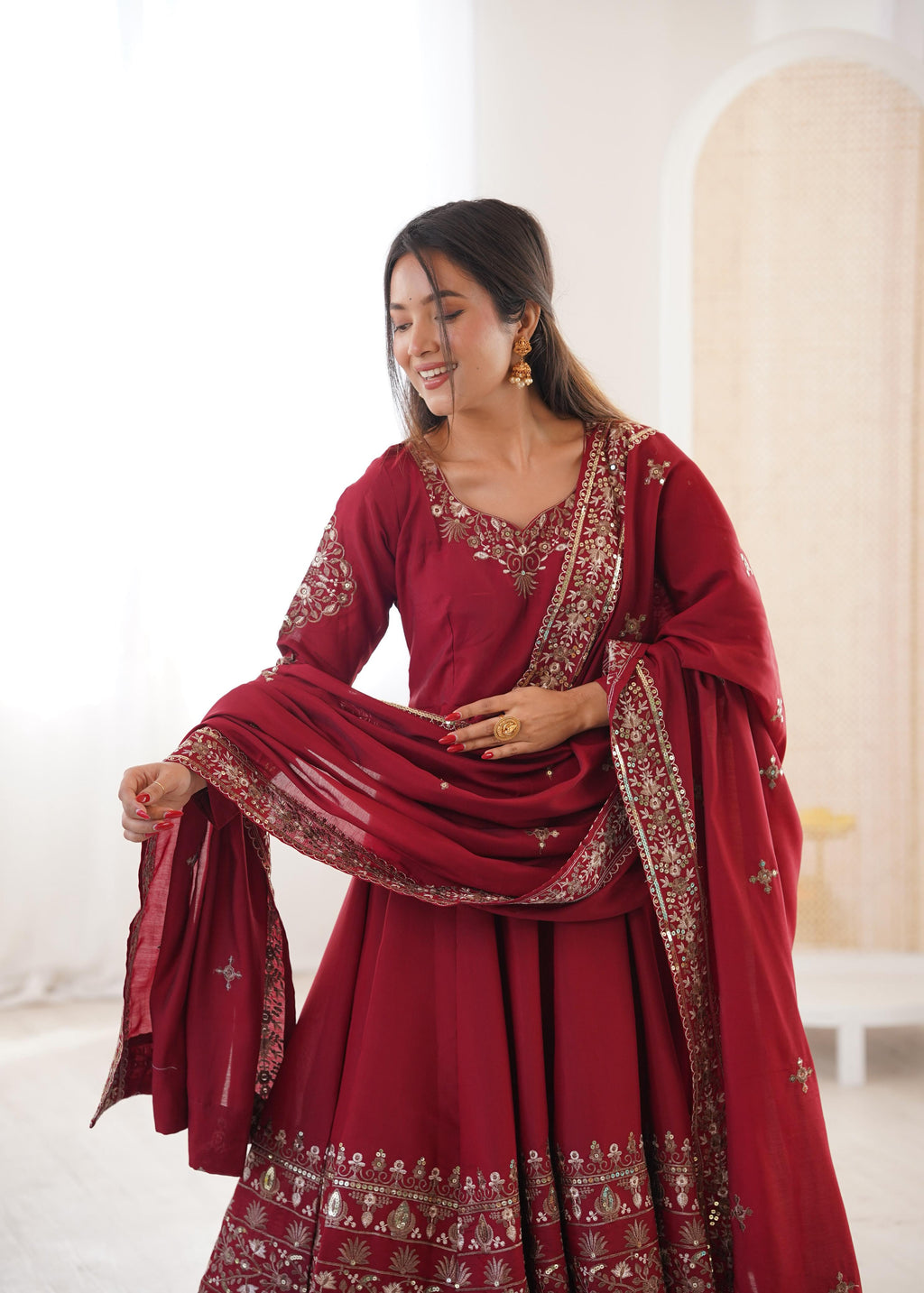 Maroon Embroidery Roman Silk Kurta Set