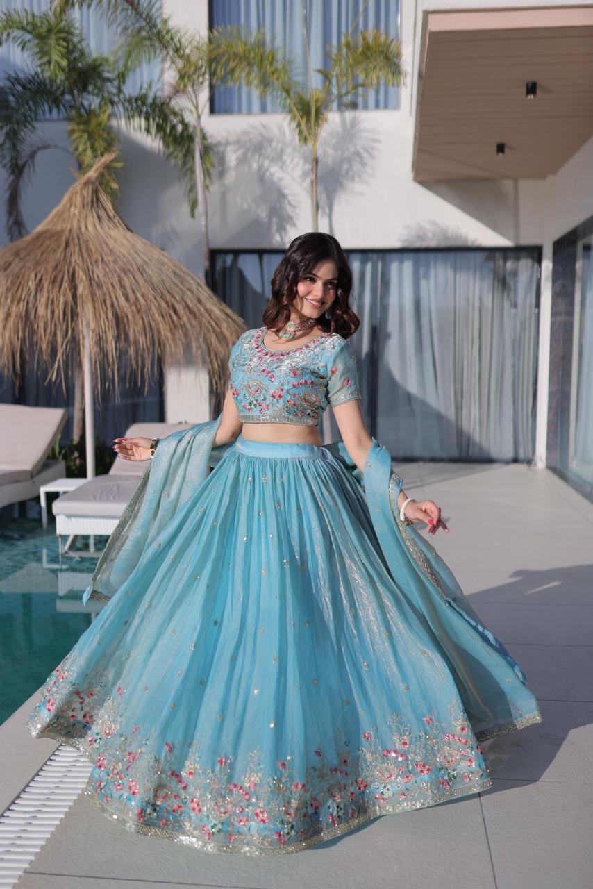 Rudhira multi thread embroidery Lehenga Choli (Blue)