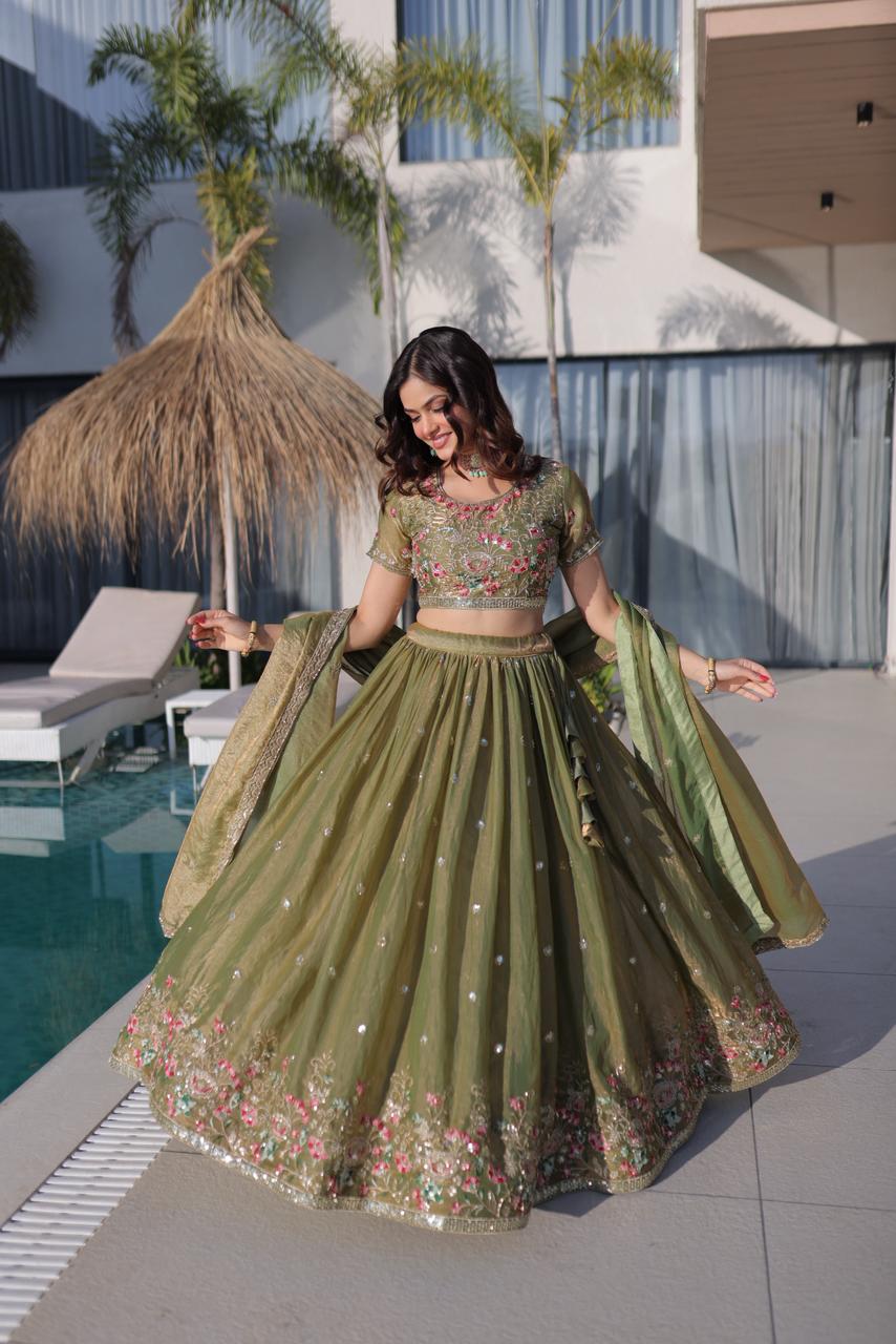 Rudhira multi thread embroidery Lehenga Choli(Mahendi)