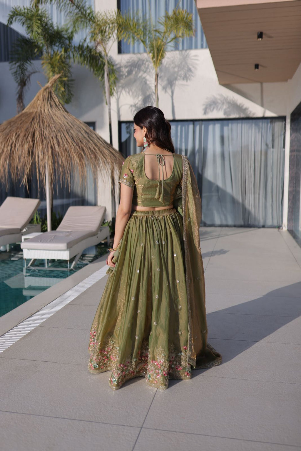 Rudhira multi thread embroidery Lehenga Choli(Mahendi)