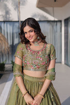 Rudhira multi thread embroidery Lehenga Choli(Mahendi)