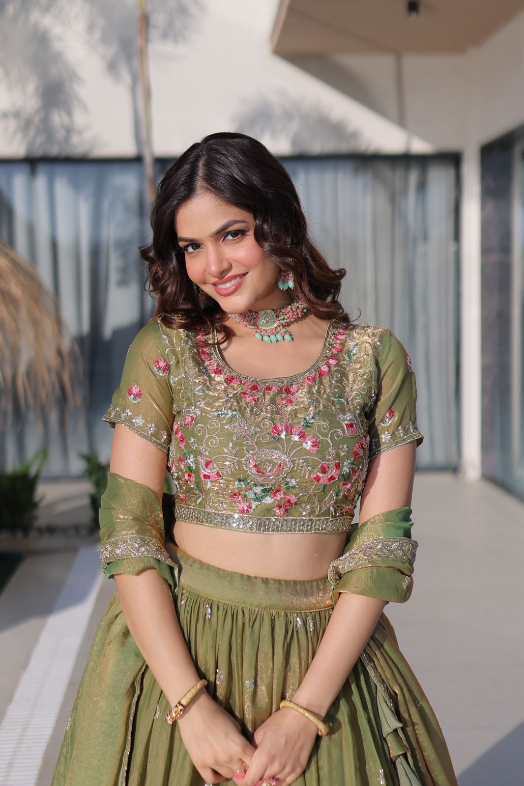 Rudhira multi thread embroidery Lehenga Choli(Mahendi)