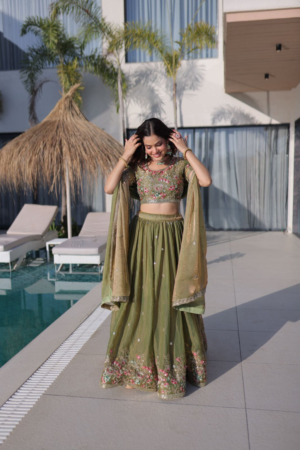 Rudhira multi thread embroidery Lehenga Choli(Mahendi)