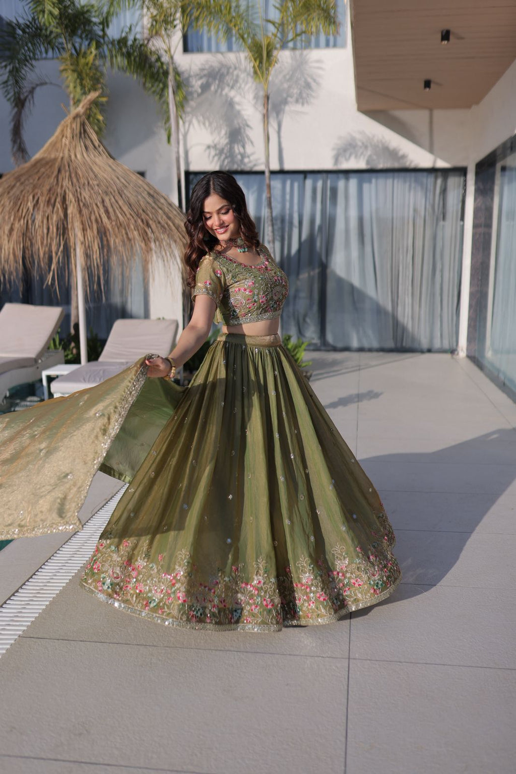 Rudhira multi thread embroidery Lehenga Choli(Mahendi)