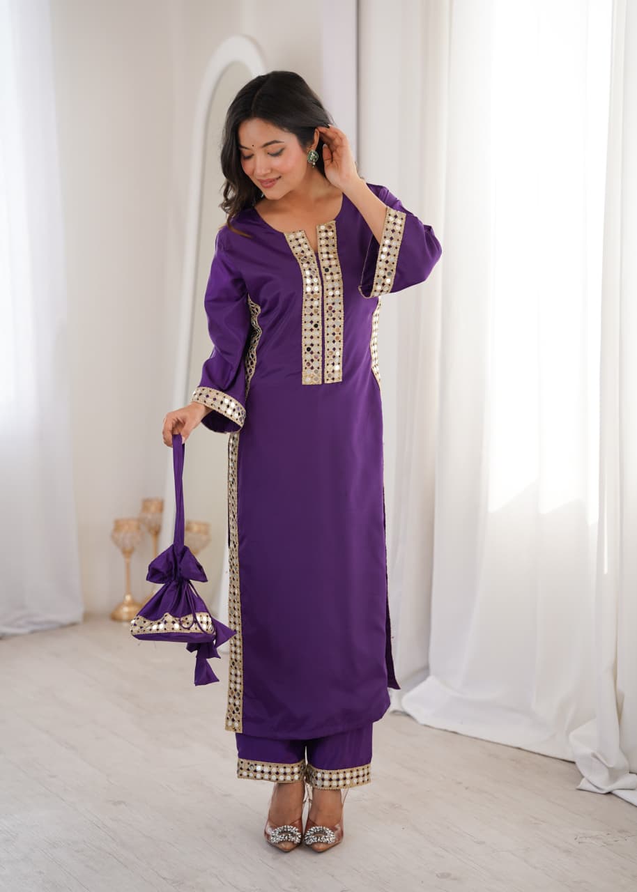 Neela Crepe Mirror Lace work Kurta Set (Purple)