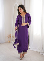 Neela Crepe Mirror Lace work Kurta Set (Purple)