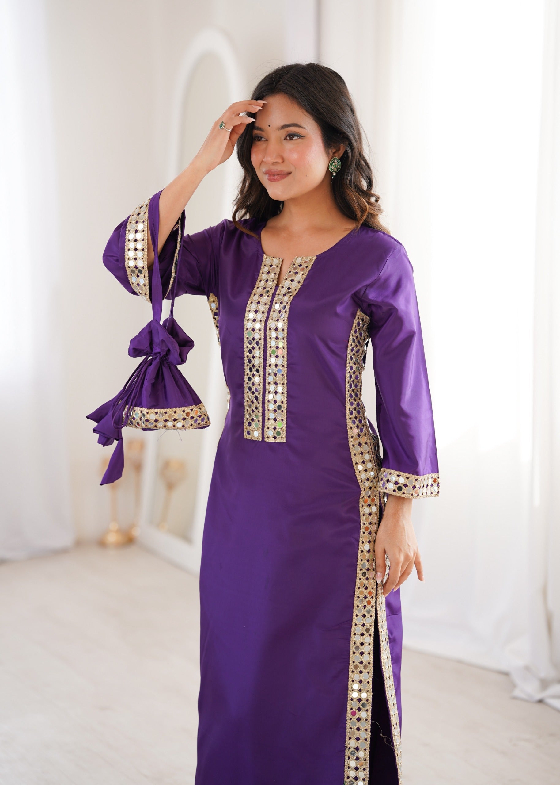 Neela Crepe Mirror Lace work Kurta Set (Purple)