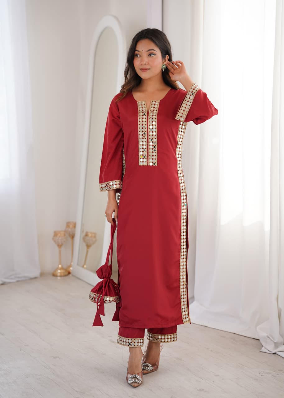 Neela Crepe Mirror Lace work Kurta Set (Maroon)