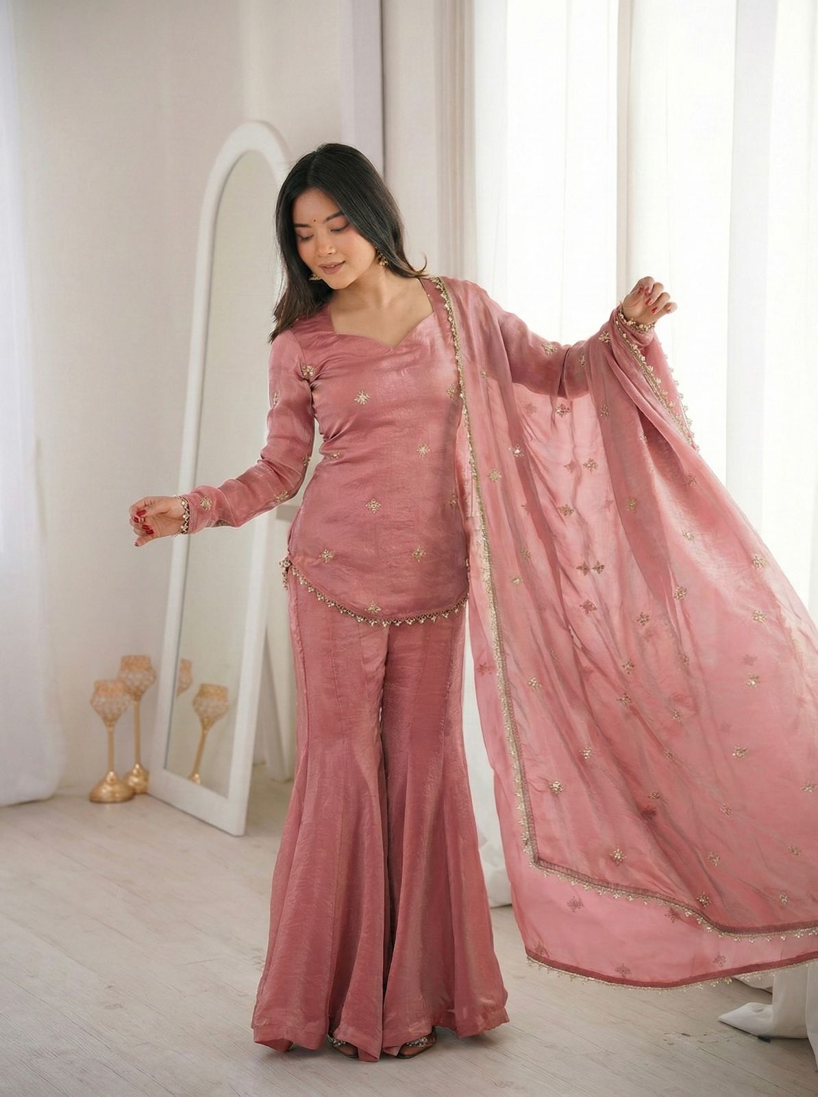 Suhani Fendy Silk Sharara Set (Peach)