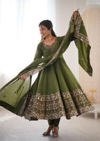Green Embroidery Roman Silk Kurta Set