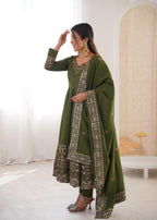 Green Embroidery Roman Silk Kurta Set