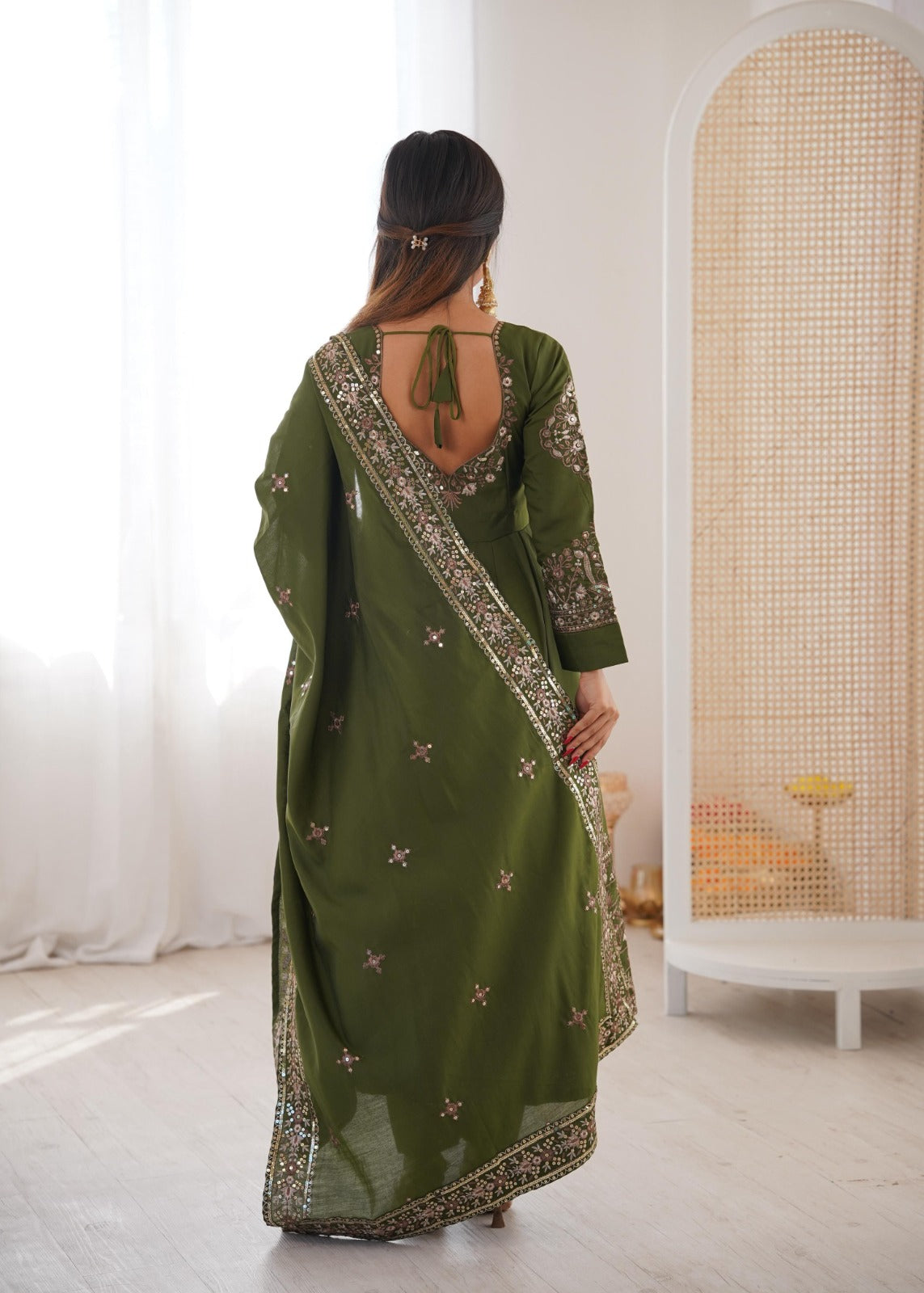 Green Embroidery Roman Silk Kurta Set