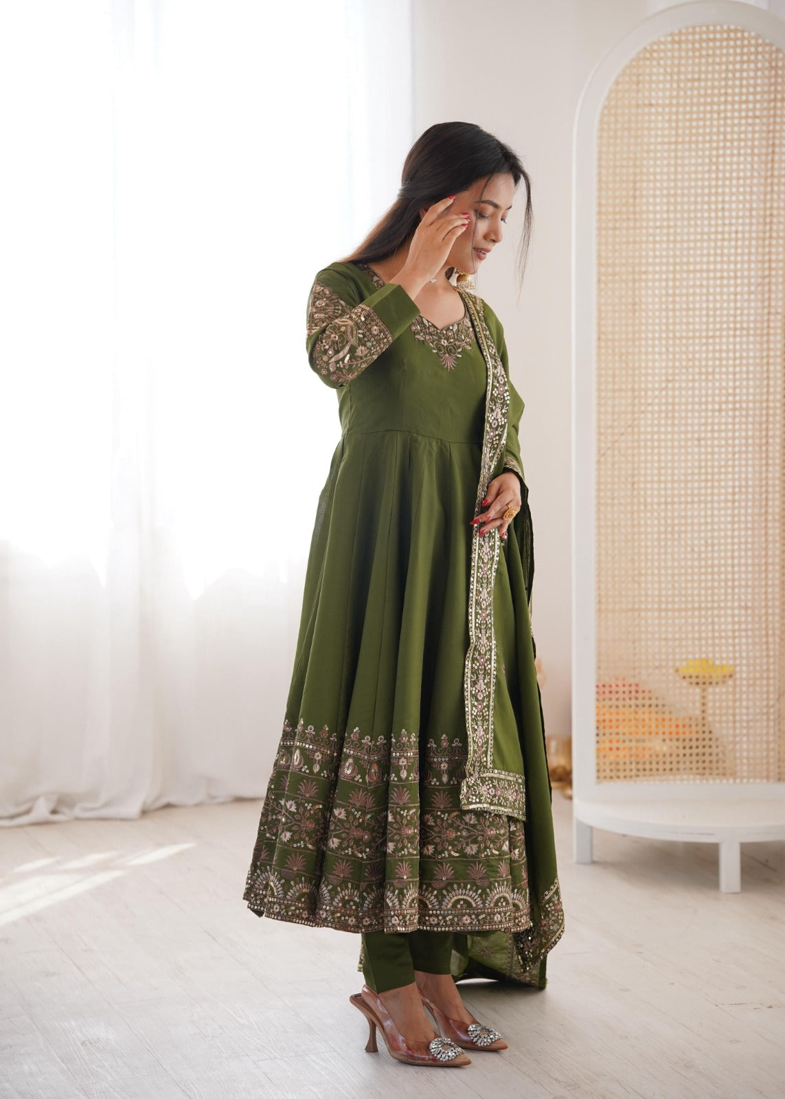 Green Embroidery Roman Silk Kurta Set