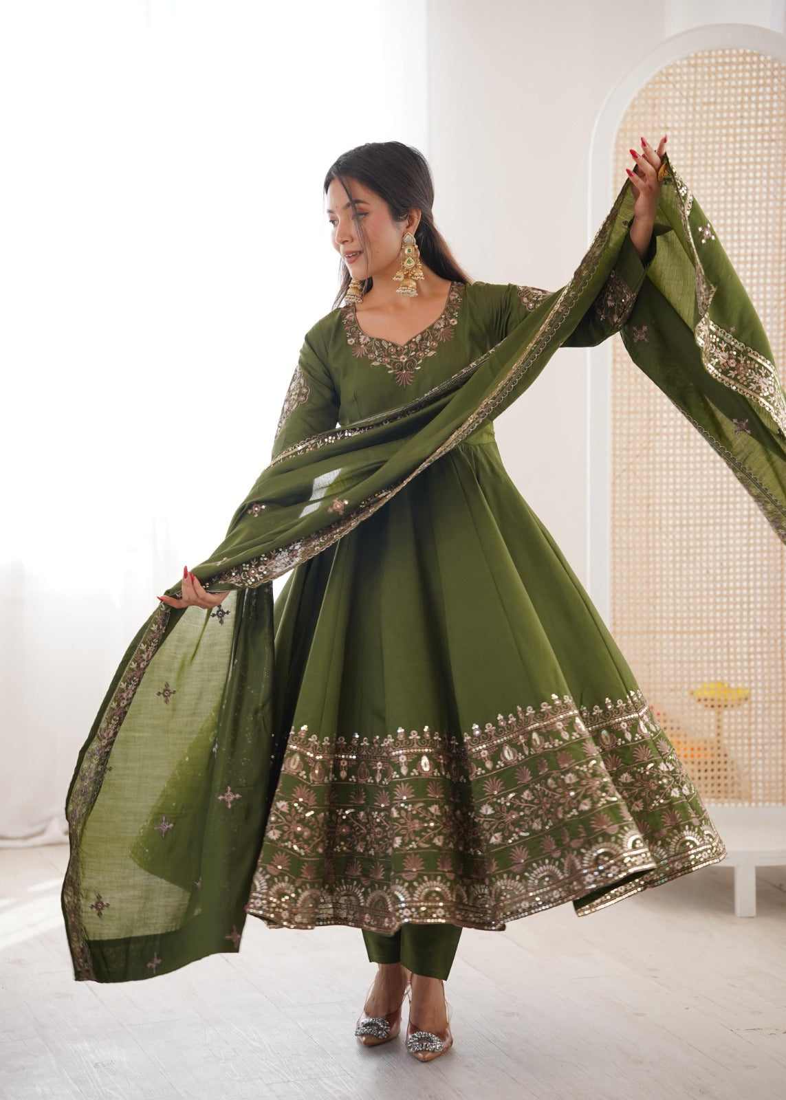 Green Embroidery Roman Silk Kurta Set