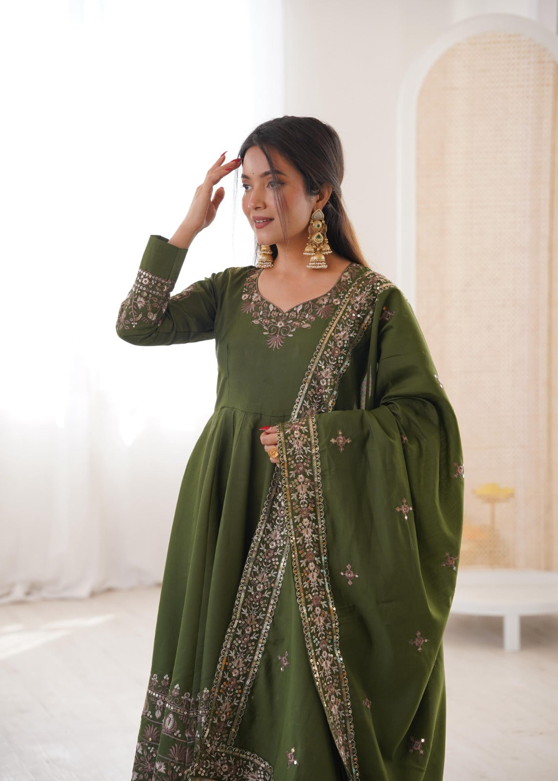 Green Embroidery Roman Silk Kurta Set