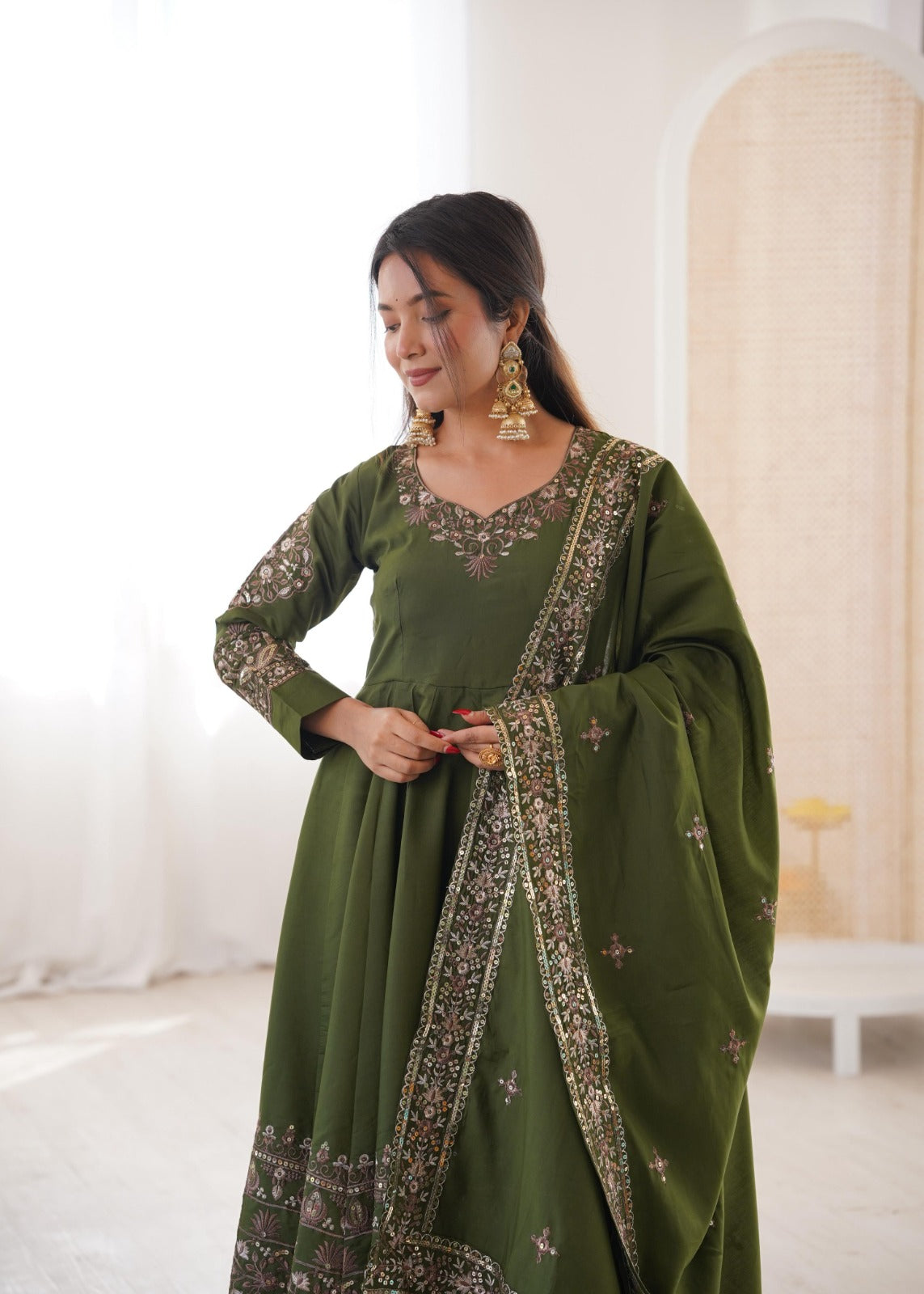 Green Embroidery Roman Silk Kurta Set