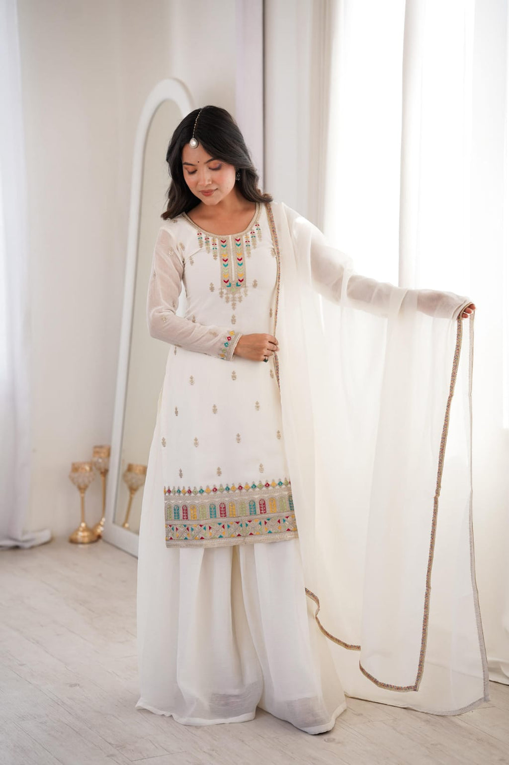 White Embroidery Sharara Set