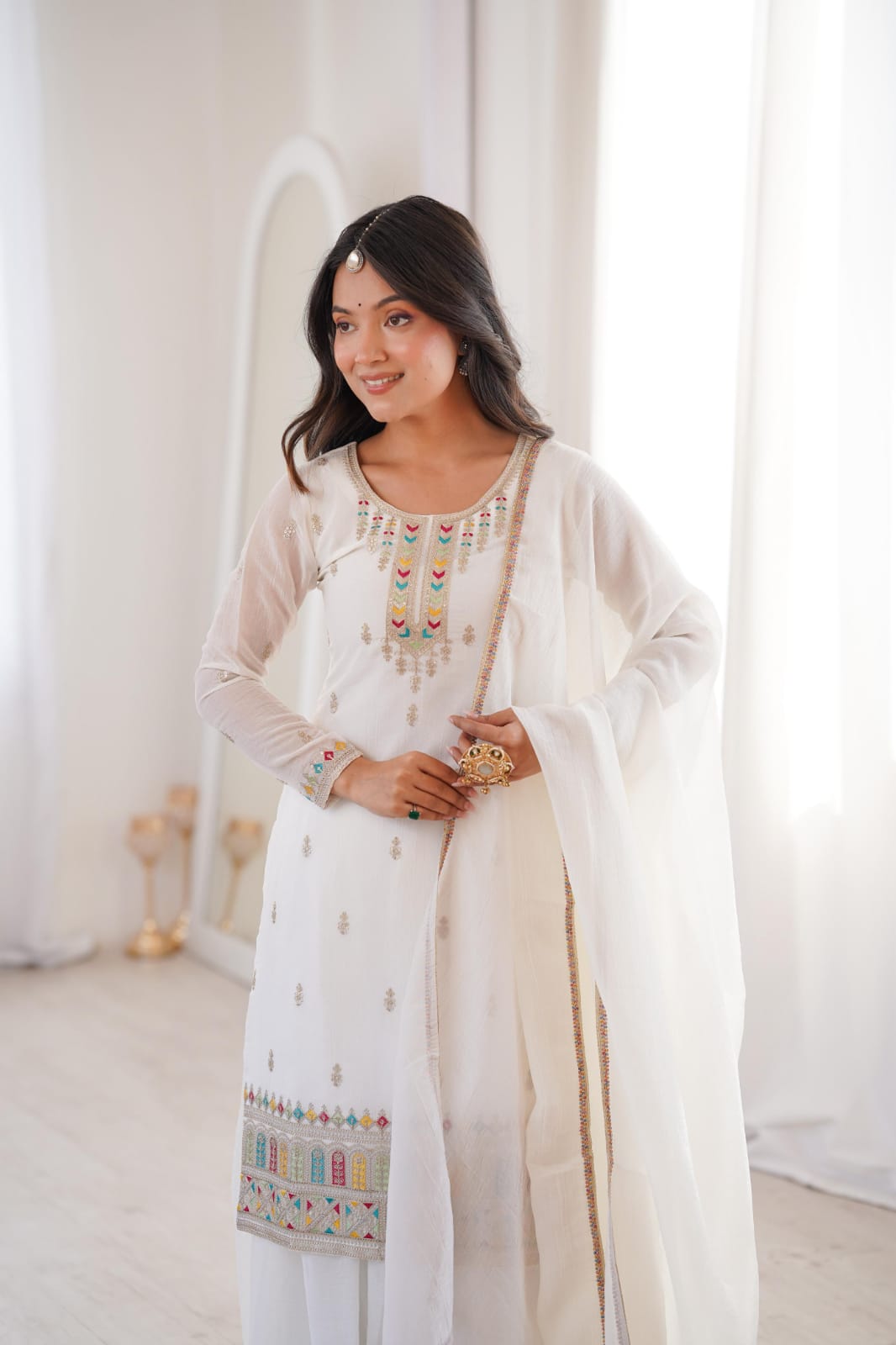 White Embroidery Sharara Set