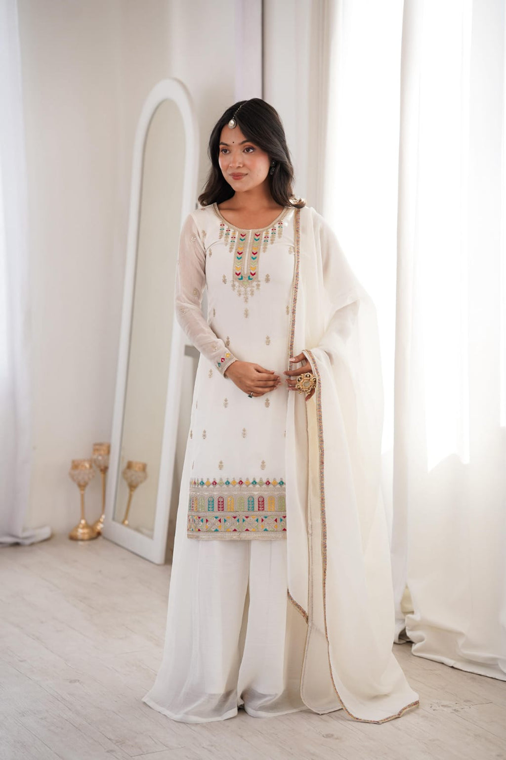 White Embroidery Sharara Set